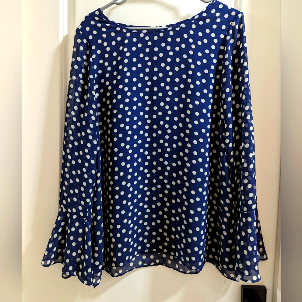 Lark & Ro - L Large  Blouse - Blue Polka Dot Bell Sleeve